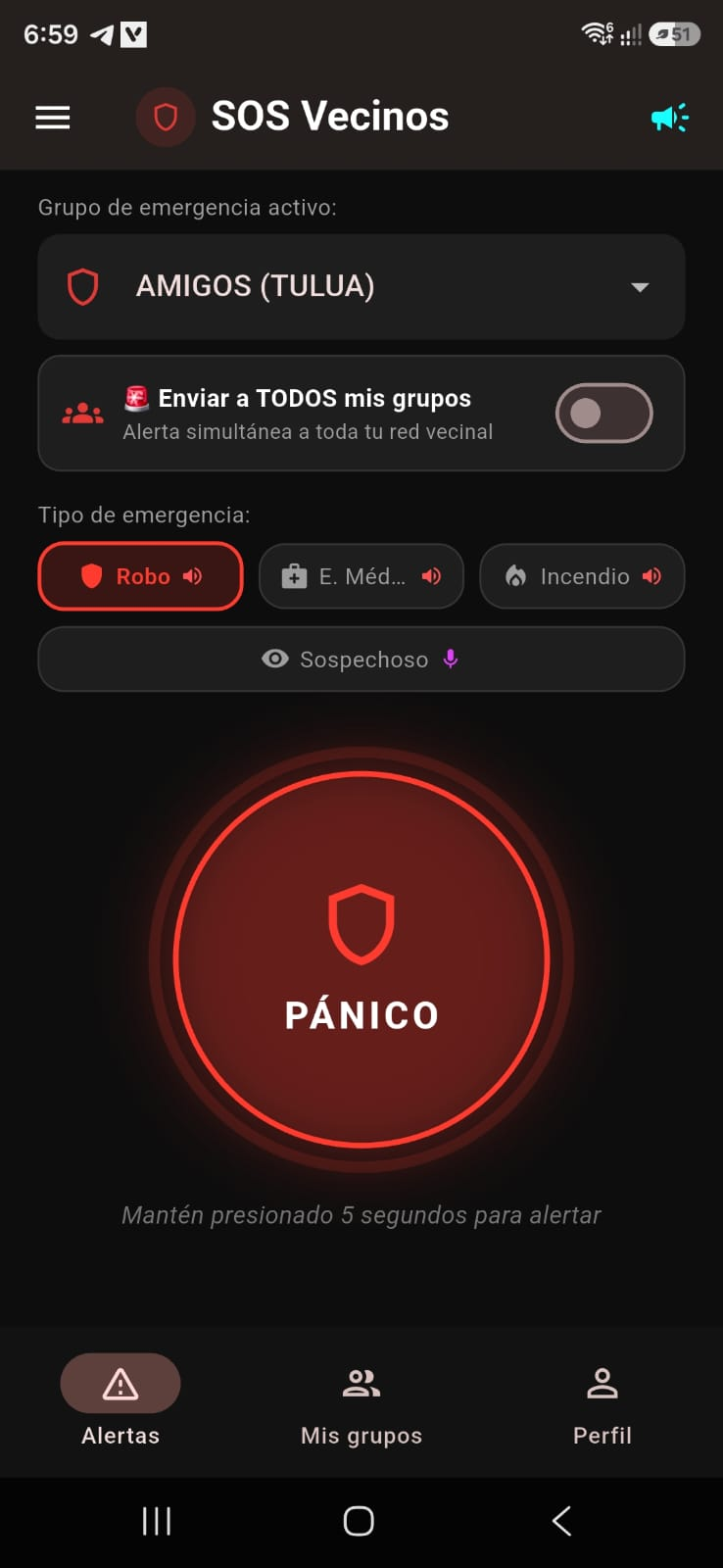 SOS Vecinos — Botón de Pánico en la App